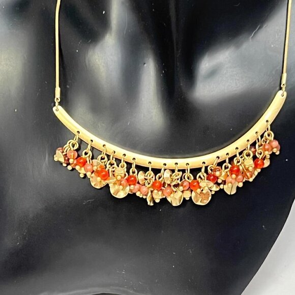 Ballet gold tone curved bar with dangling pink/coral gold beads - Picture 4 of 7